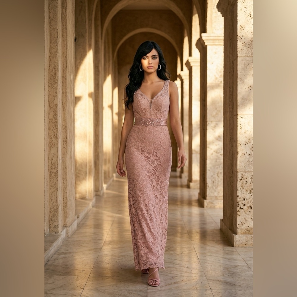 Fiesta Blush Lace Column Prom Dress
